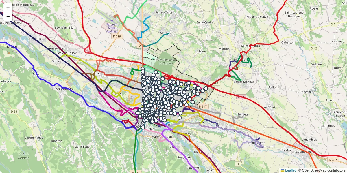 Carte du réseau de transport en commun à Pau - lignes de bus et arrêts
