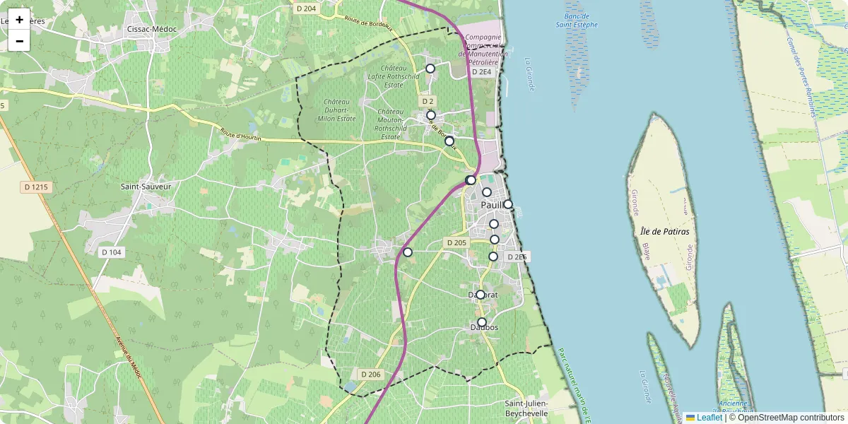 Carte du réseau de transport en commun à Pauillac - lignes de bus et arrêts