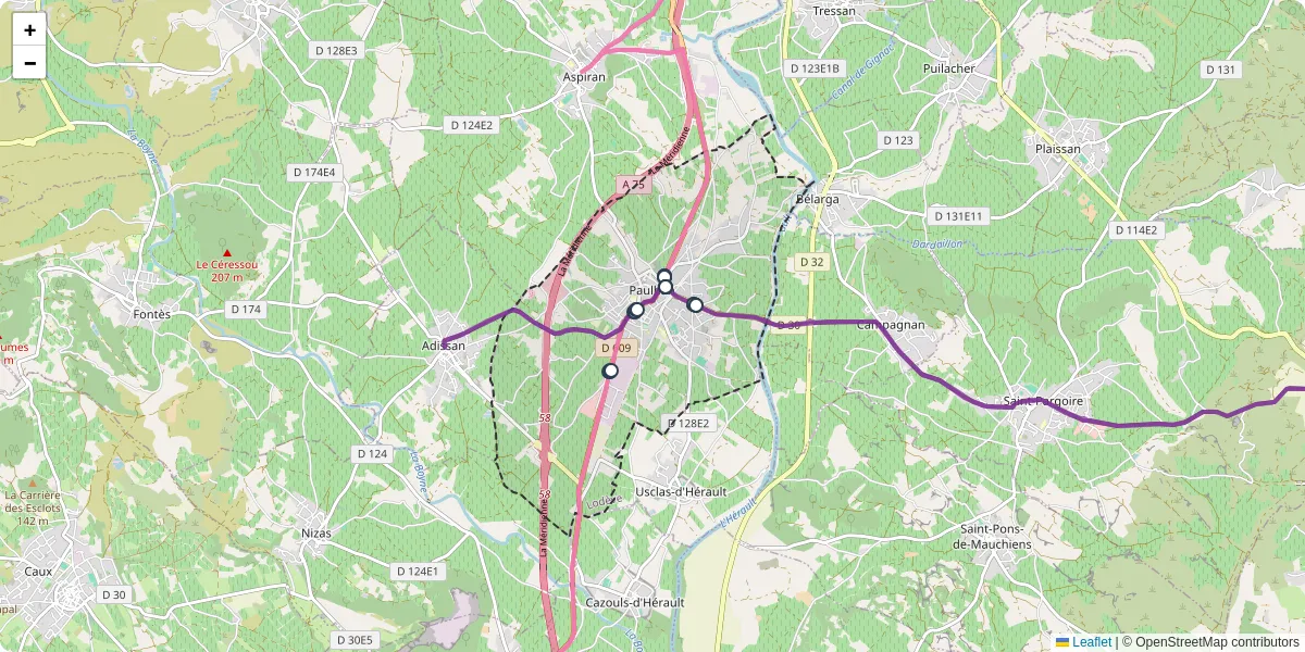 Carte du réseau de transport en commun à Paulhan - lignes de bus et arrêts
