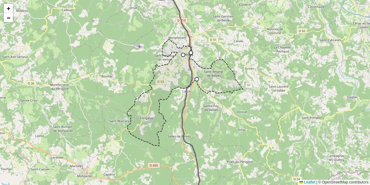 Carte du réseau de transport en commun à Pays de Belvès - lignes de bus et arrêts