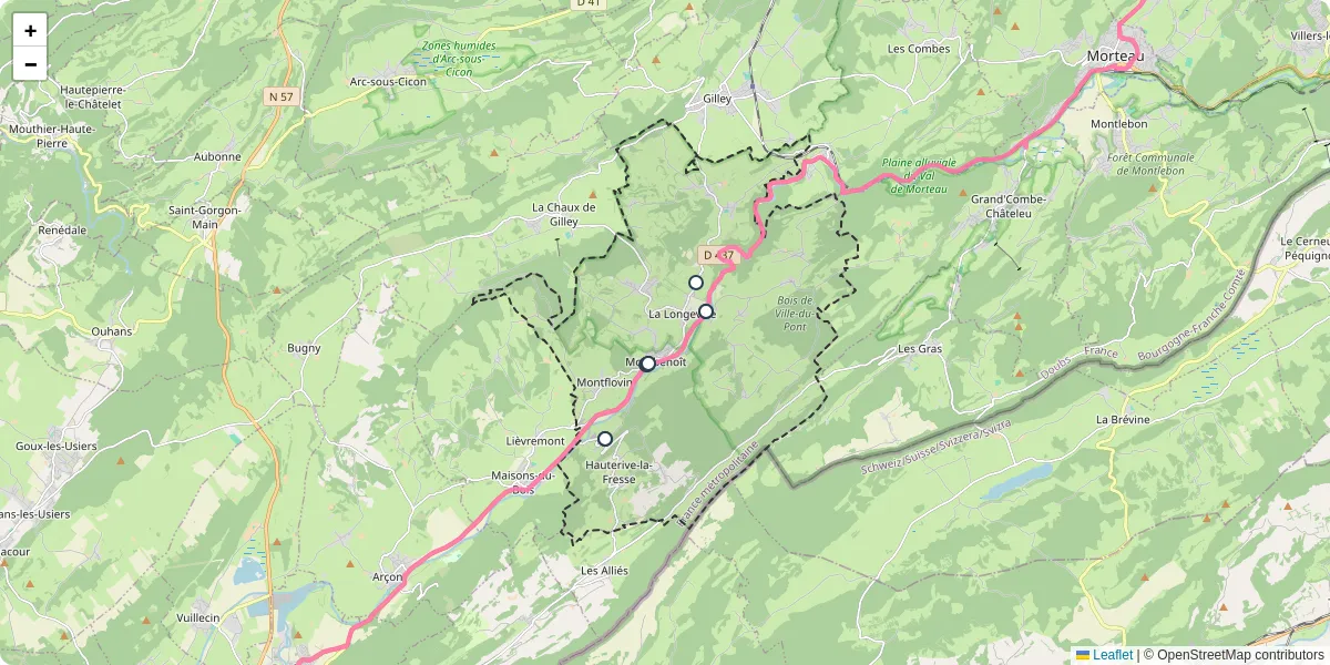 Carte du réseau de transport en commun à Pays-de-Montbenoît - lignes de bus et arrêts