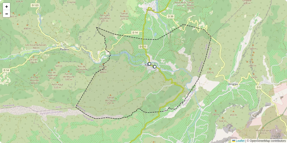 Carte du réseau de transport en commun à Paziols - lignes de bus et arrêts