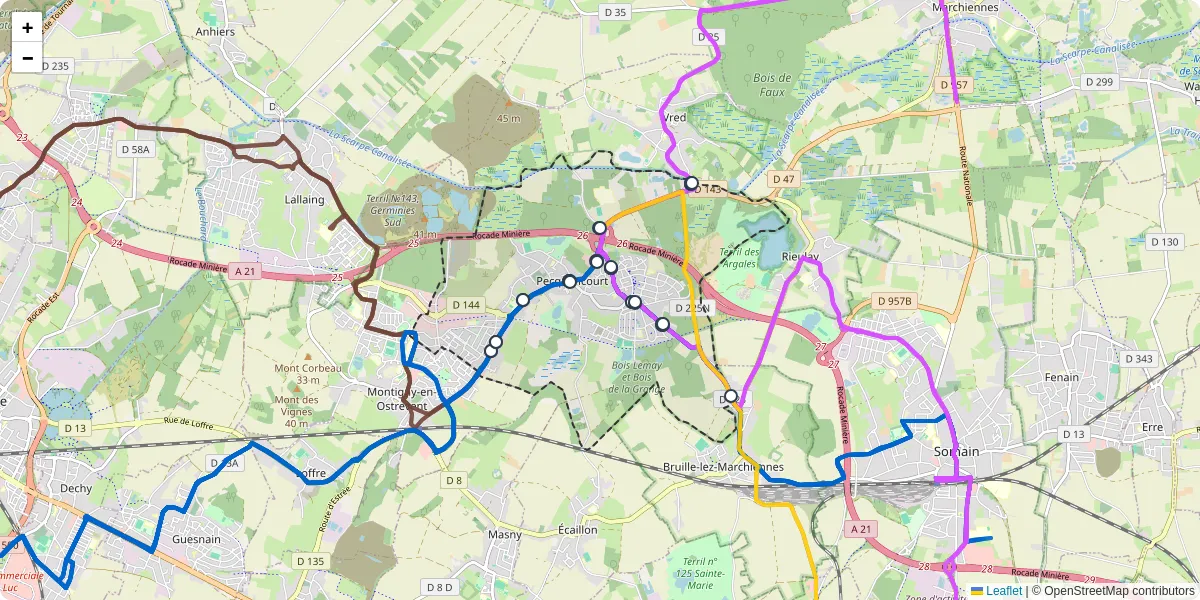 Carte du réseau de transport en commun à Pecquencourt - lignes de bus et arrêts
