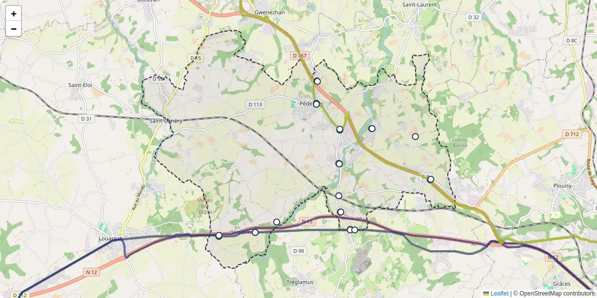 Carte du réseau de transport en commun à Pédernec - lignes de bus et arrêts