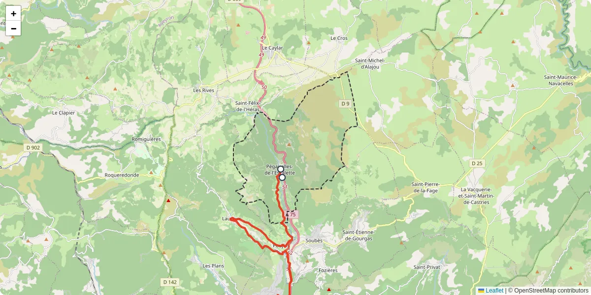 Carte du réseau de transport en commun à Pégairolles-de-l'Escalette - lignes de bus et arrêts