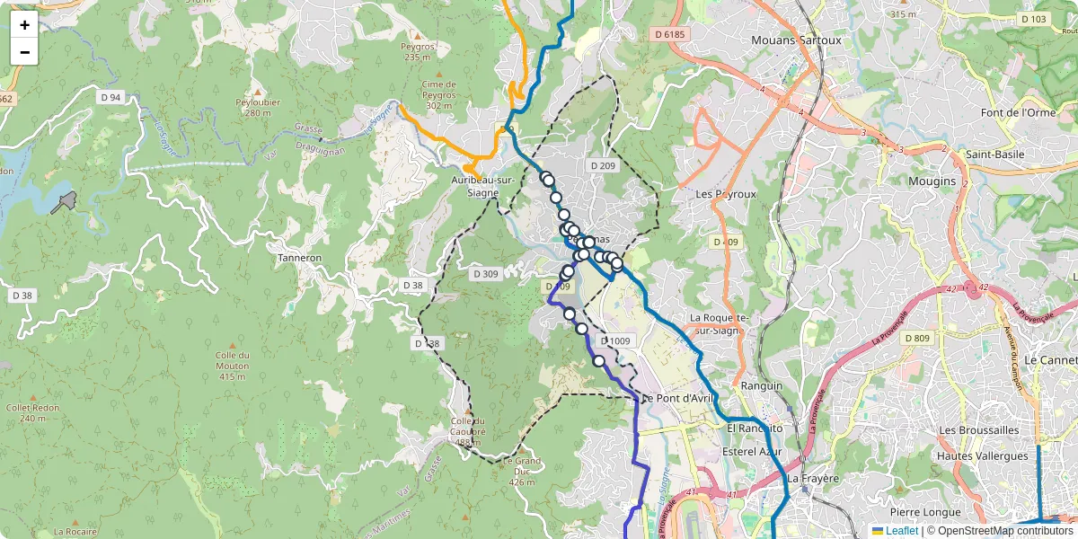 Carte du réseau de transport en commun à Pégomas - lignes de bus et arrêts