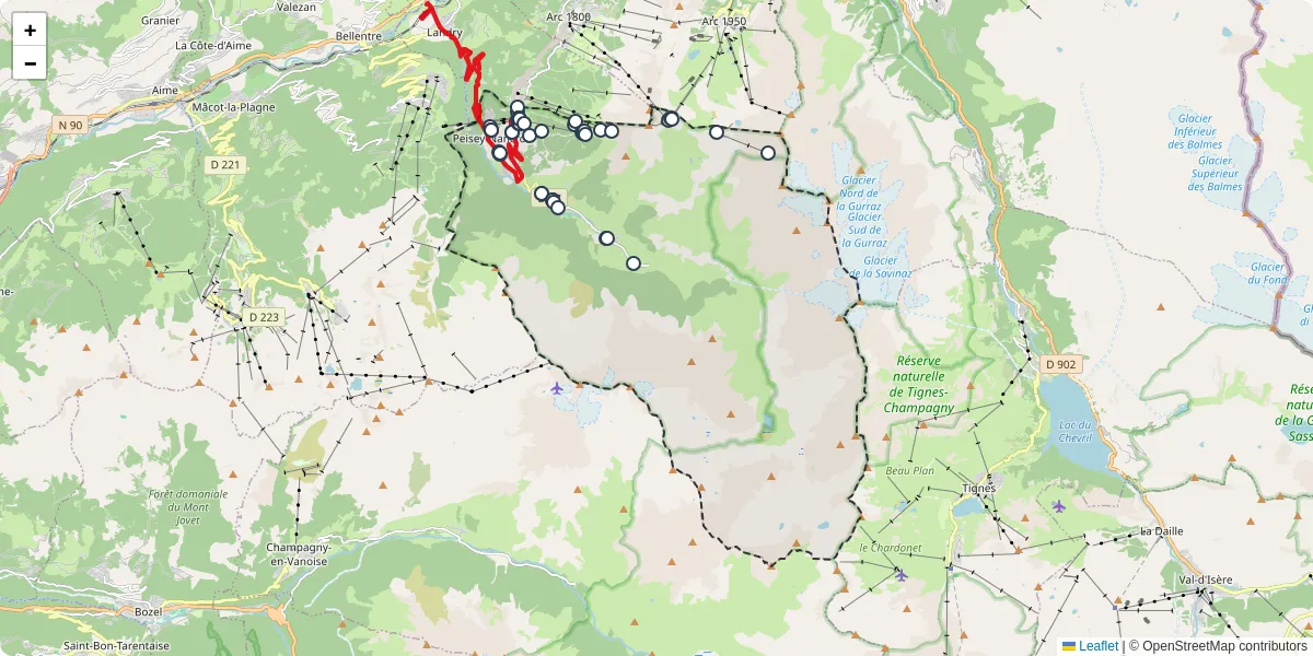 Carte du réseau de transport en commun à Peisey-Nancroix - lignes de bus et arrêts