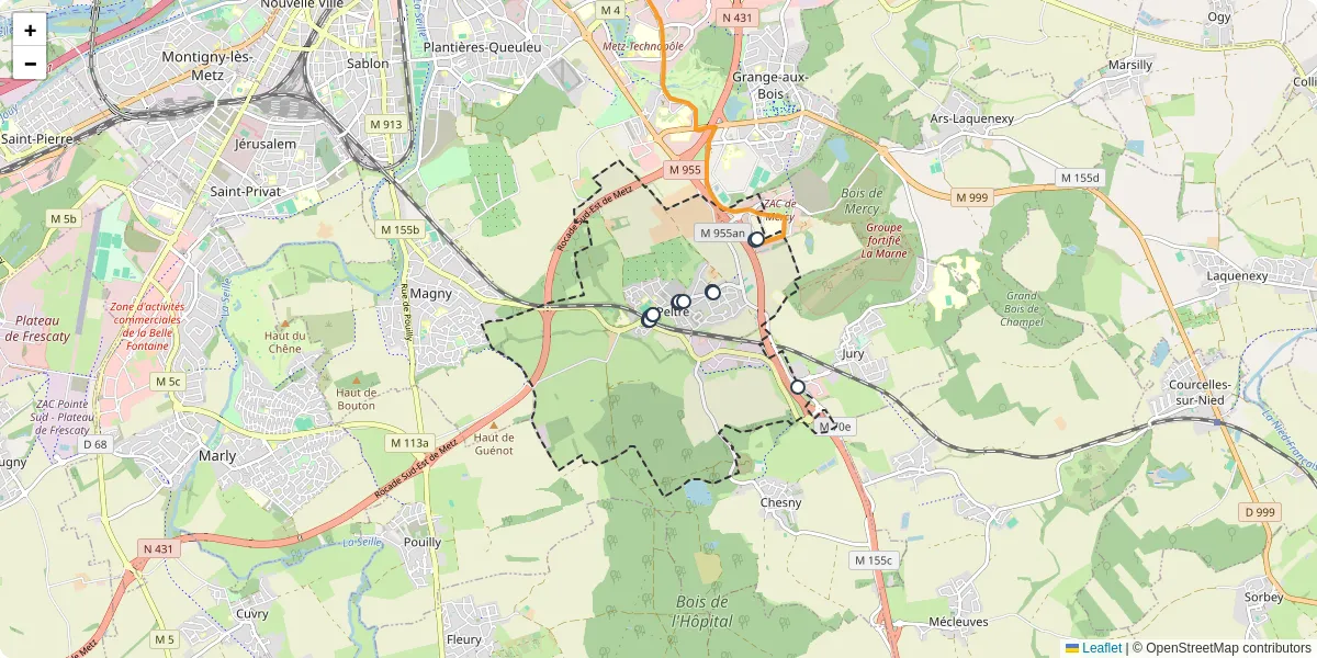 Carte du réseau de transport en commun à Peltre - lignes de bus et arrêts