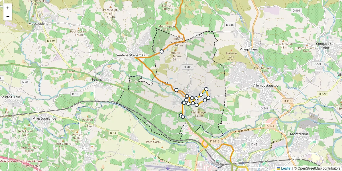 Carte du réseau de transport en commun à Pennautier - lignes de bus et arrêts
