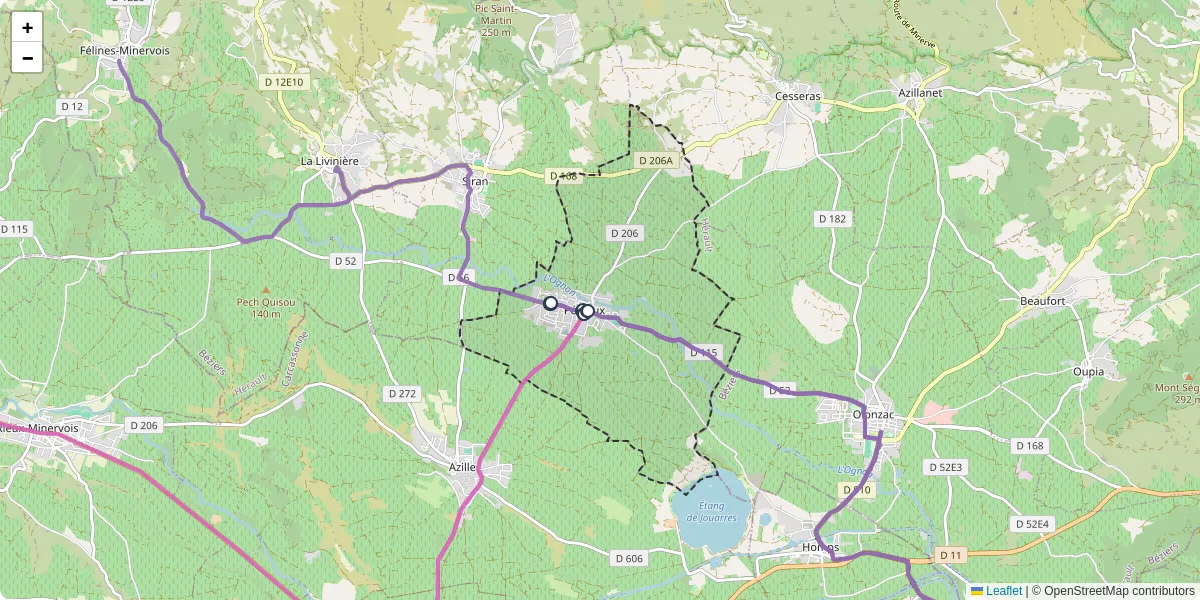 Carte du réseau de transport en commun à Pépieux - lignes de bus et arrêts