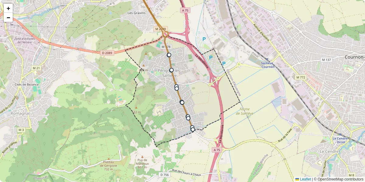 Carte du réseau de transport en commun à Pérignat-lès-Sarliève - lignes de bus et arrêts
