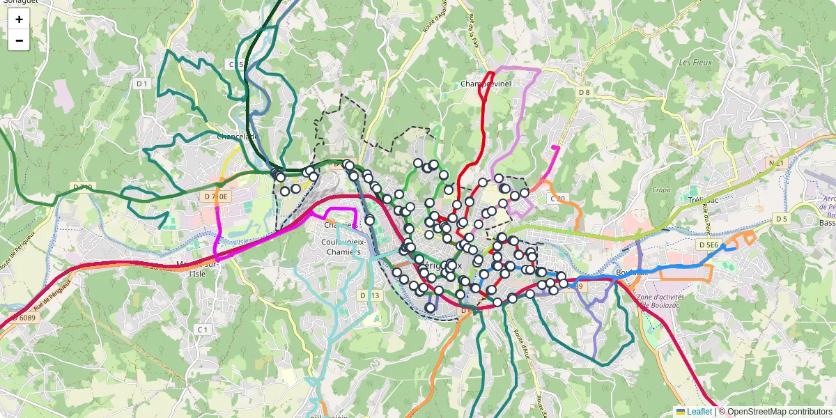 Carte du réseau de transport en commun à Périgueux - lignes de bus et arrêts