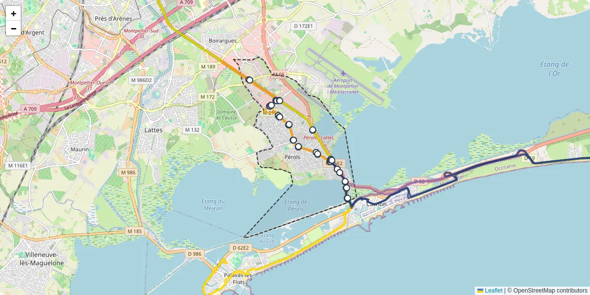Carte du réseau de transport en commun à Pérols - lignes de bus et arrêts