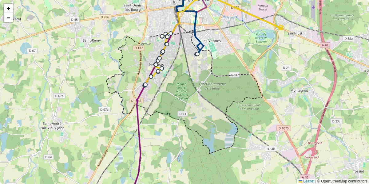 Carte du réseau de transport en commun à Péronnas - lignes de bus et arrêts