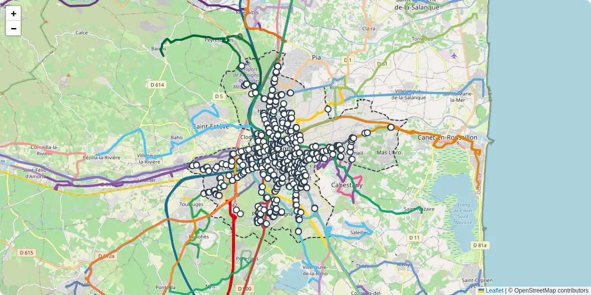 Carte du réseau de transport en commun à Perpignan - lignes de bus et arrêts