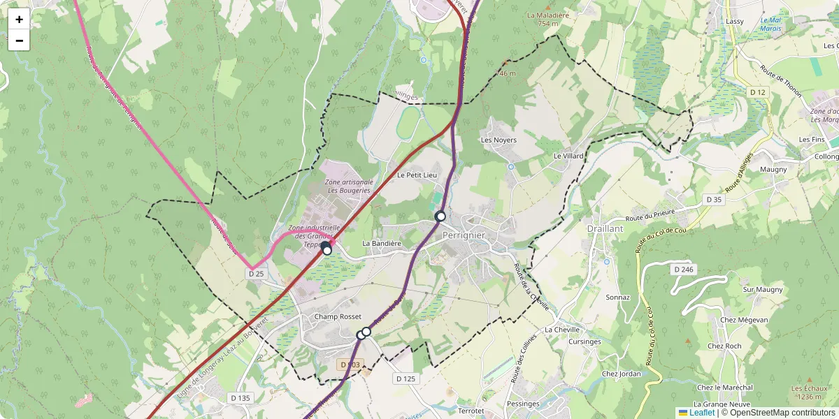 Carte du réseau de transport en commun à Perrignier - lignes de bus et arrêts