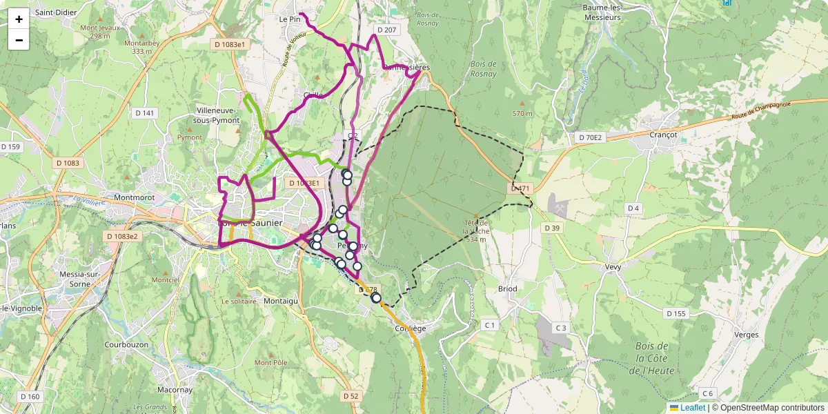 Carte du réseau de transport en commun à Perrigny - lignes de bus et arrêts