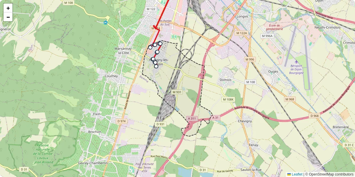 Carte du réseau de transport en commun à Perrigny-lès-Dijon - lignes de bus et arrêts