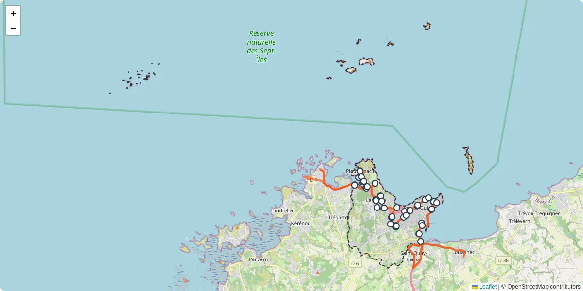 Carte du réseau de transport en commun à Perros-Guirec - lignes de bus et arrêts