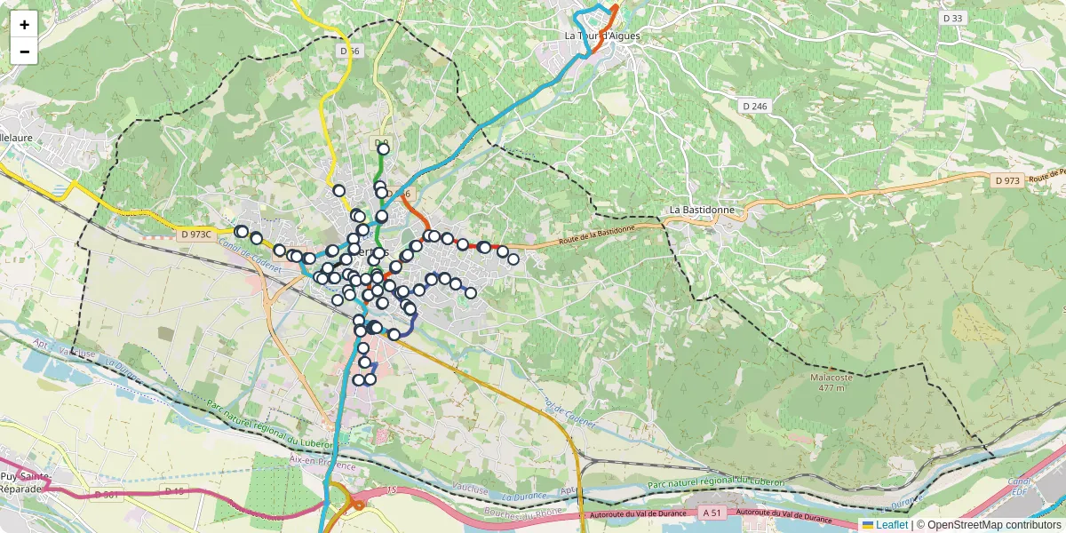Carte du réseau de transport en commun à Pertuis - lignes de bus et arrêts