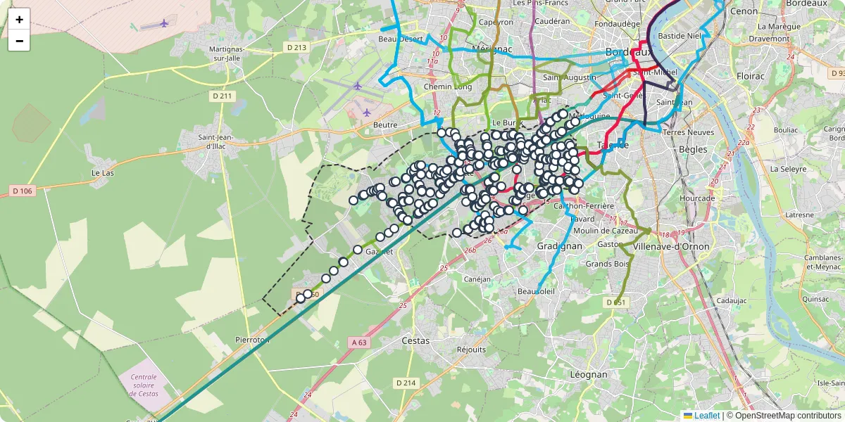 Carte du réseau de transport en commun à Pessac - lignes de bus et arrêts