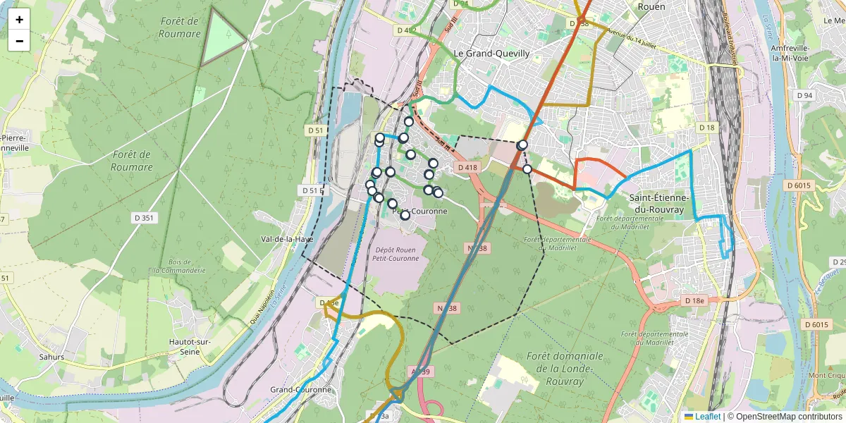 Carte du réseau de transport en commun à Petit-Couronne - lignes de bus et arrêts