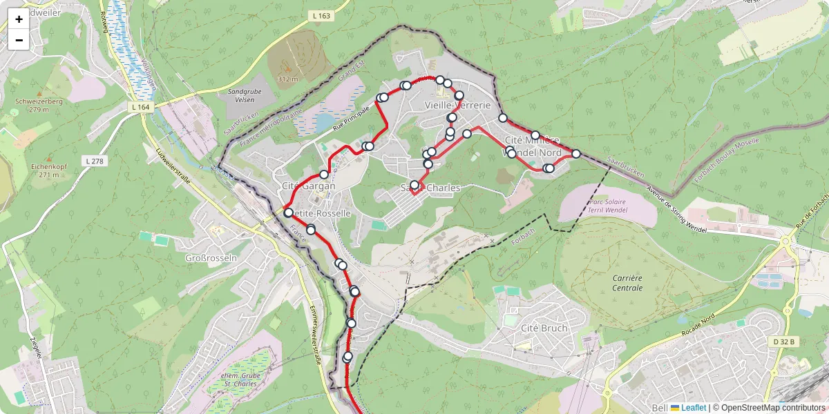 Carte du réseau de transport en commun à Petite-Rosselle - lignes de bus et arrêts