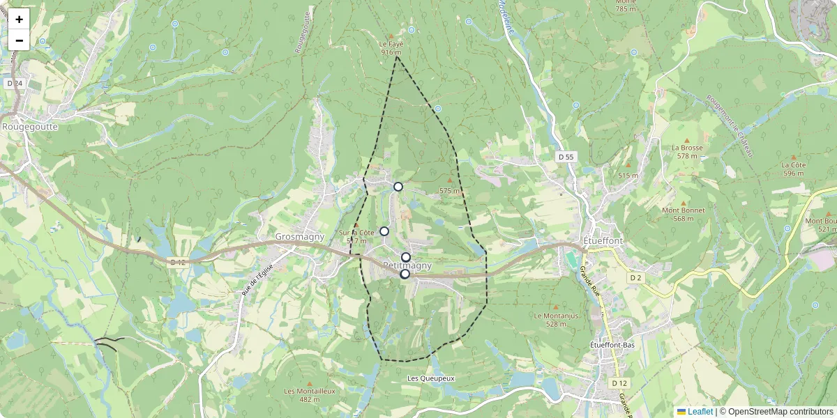 Carte du réseau de transport en commun à Petitmagny - lignes de bus et arrêts