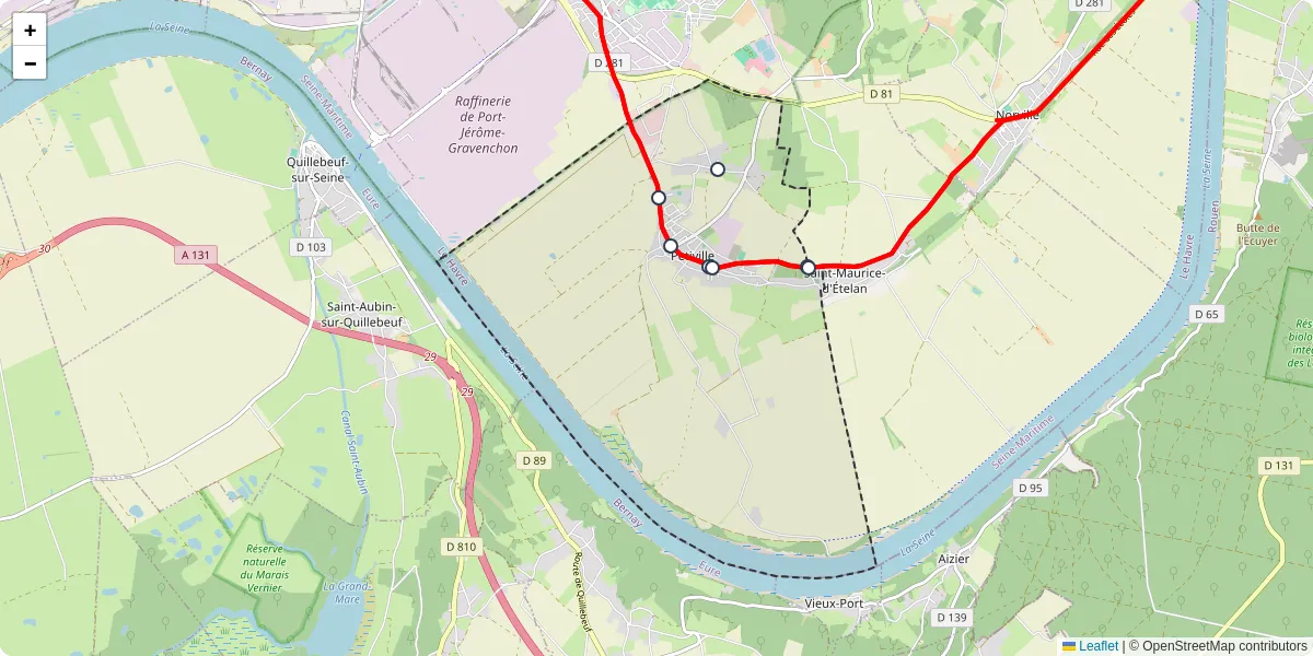 Carte du réseau de transport en commun à Petiville - lignes de bus et arrêts