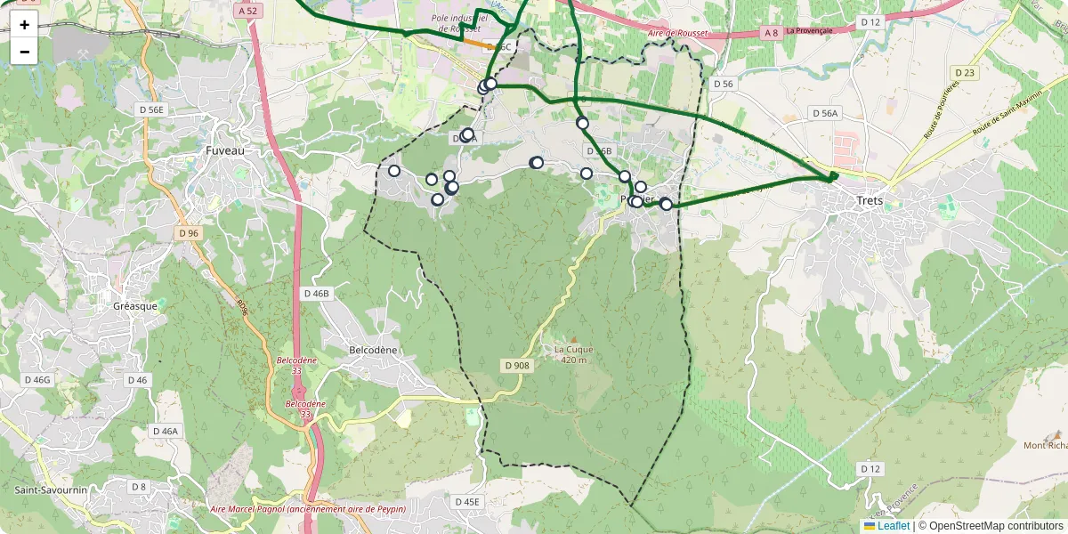 Carte du réseau de transport en commun à Peynier - lignes de bus et arrêts