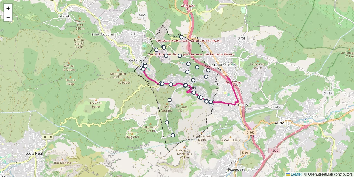 Carte du réseau de transport en commun à Peypin - lignes de bus et arrêts