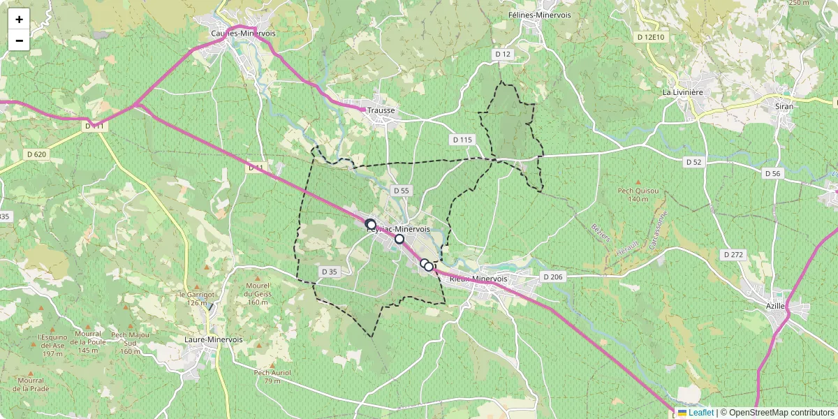 Carte du réseau de transport en commun à Peyriac-Minervois - lignes de bus et arrêts