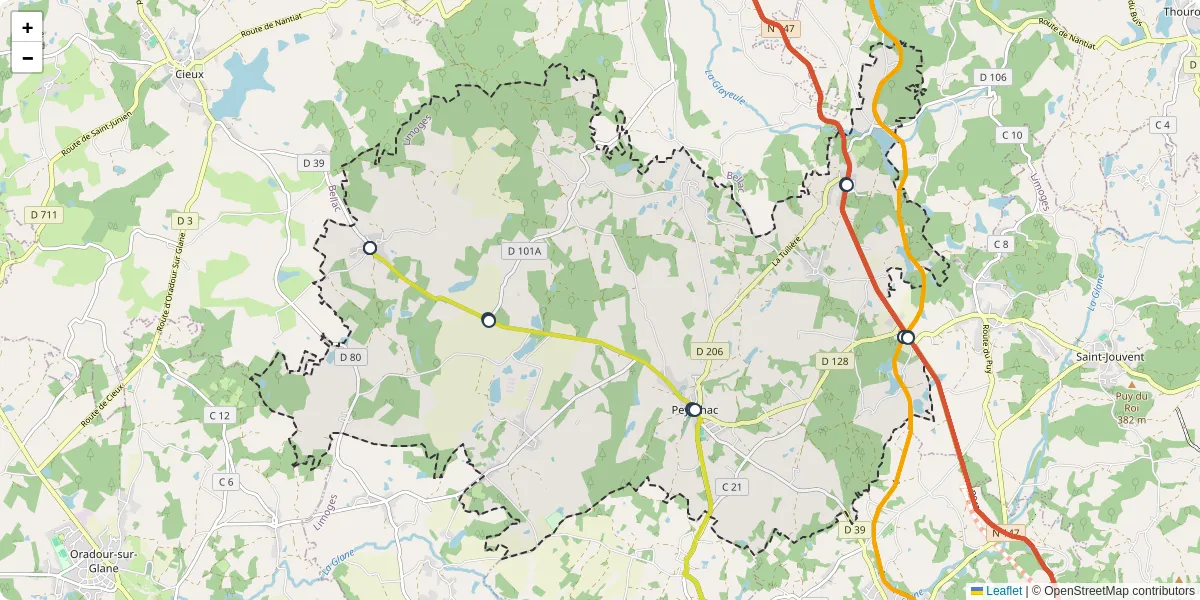 Carte du réseau de transport en commun à Peyrilhac - lignes de bus et arrêts