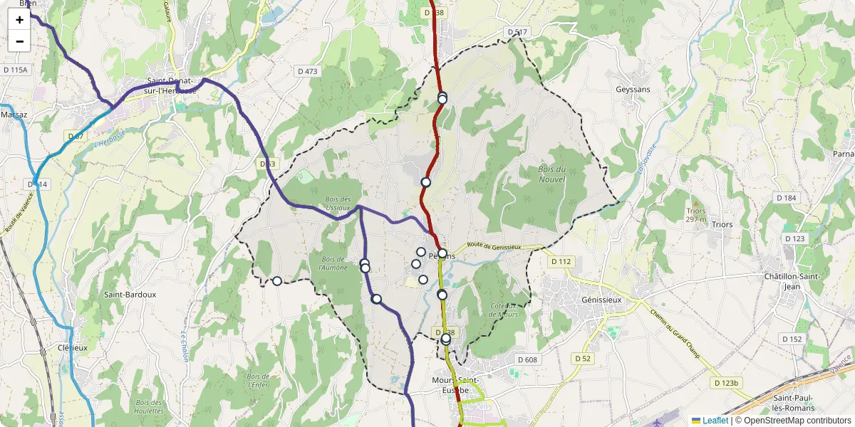 Carte du réseau de transport en commun à Peyrins - lignes de bus et arrêts