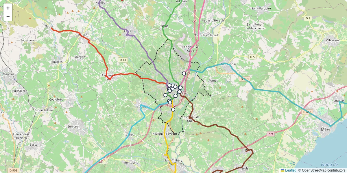 Carte du réseau de transport en commun à Pézenas - lignes de bus et arrêts
