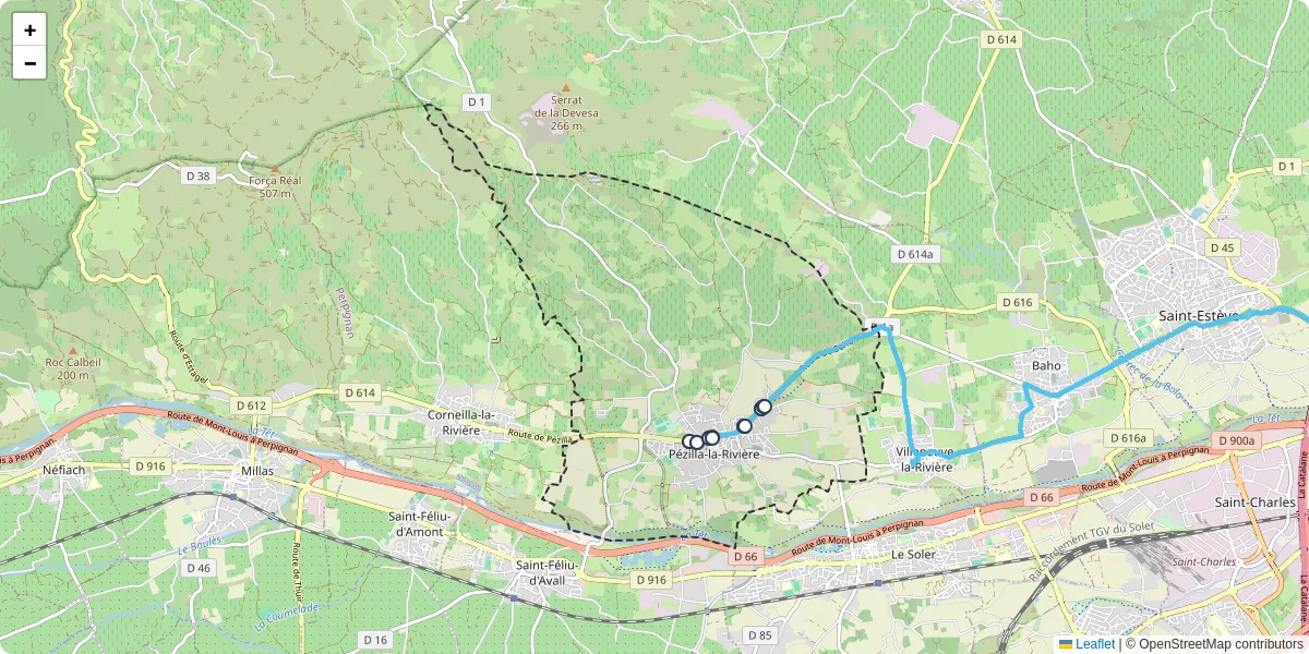 Carte du réseau de transport en commun à Pézilla-la-Rivière - lignes de bus et arrêts