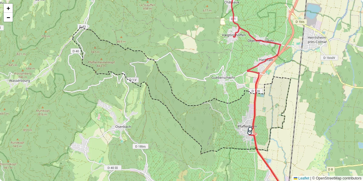 Carte du réseau de transport en commun à Pfaffenheim - lignes de bus et arrêts