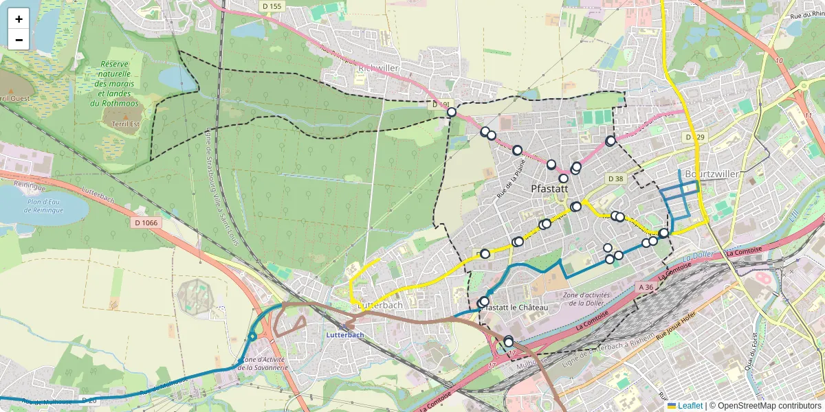 Carte du réseau de transport en commun à Pfastatt - lignes de bus et arrêts