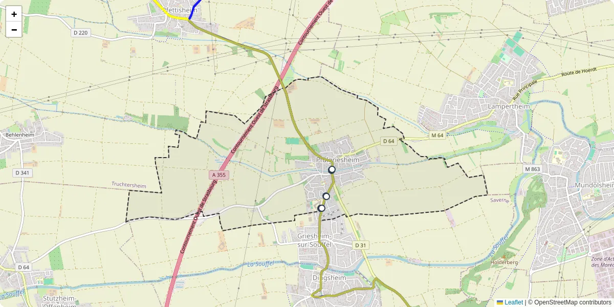 Carte du réseau de transport en commun à Pfulgriesheim - lignes de bus et arrêts