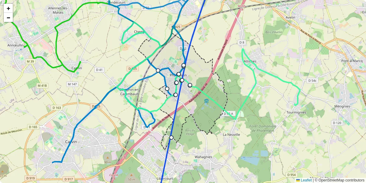 Carte du réseau de transport en commun à Phalempin - lignes de bus et arrêts