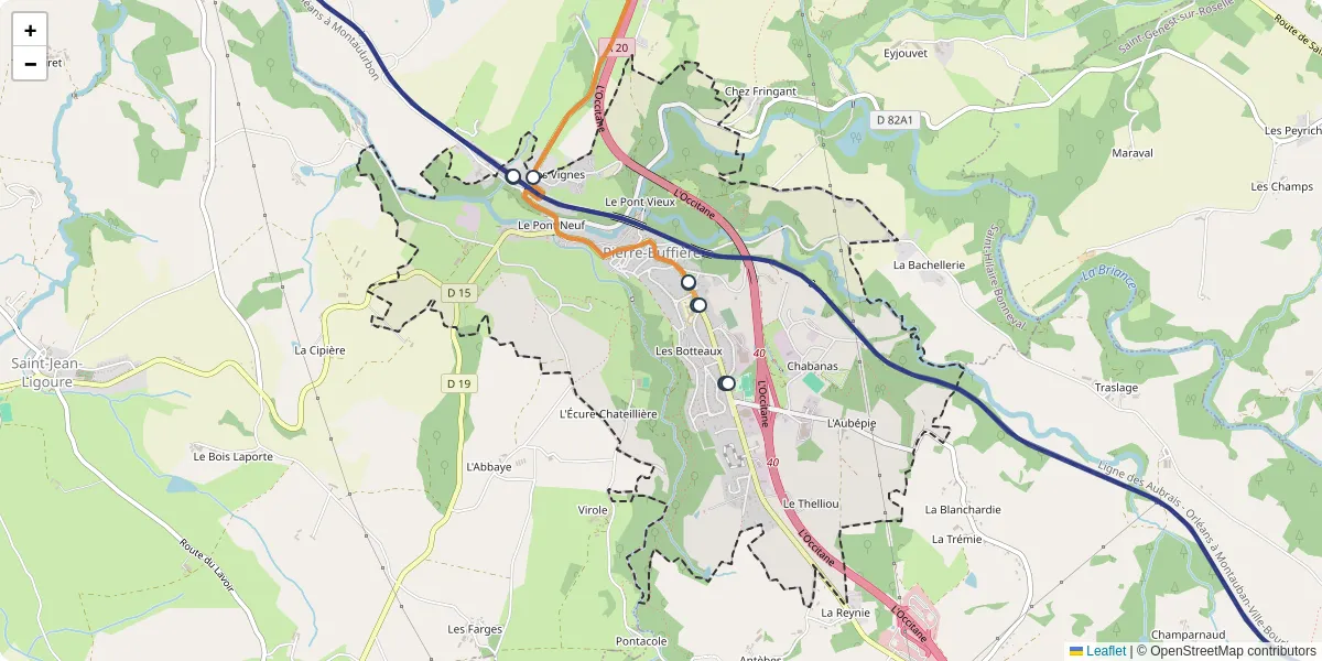 Carte du réseau de transport en commun à Pierre-Buffière - lignes de bus et arrêts
