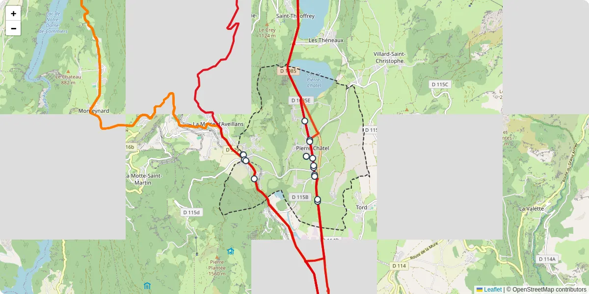 Carte du réseau de transport en commun à Pierre-Châtel - lignes de bus et arrêts