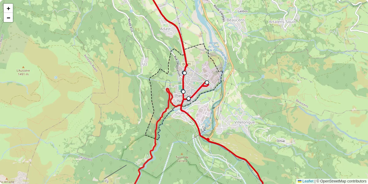 Carte du réseau de transport en commun à Pierrefitte-Nestalas - lignes de bus et arrêts