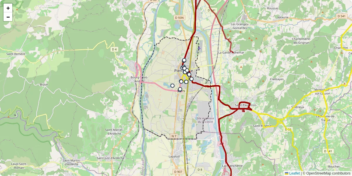 Carte du réseau de transport en commun à Pierrelatte - lignes de bus et arrêts