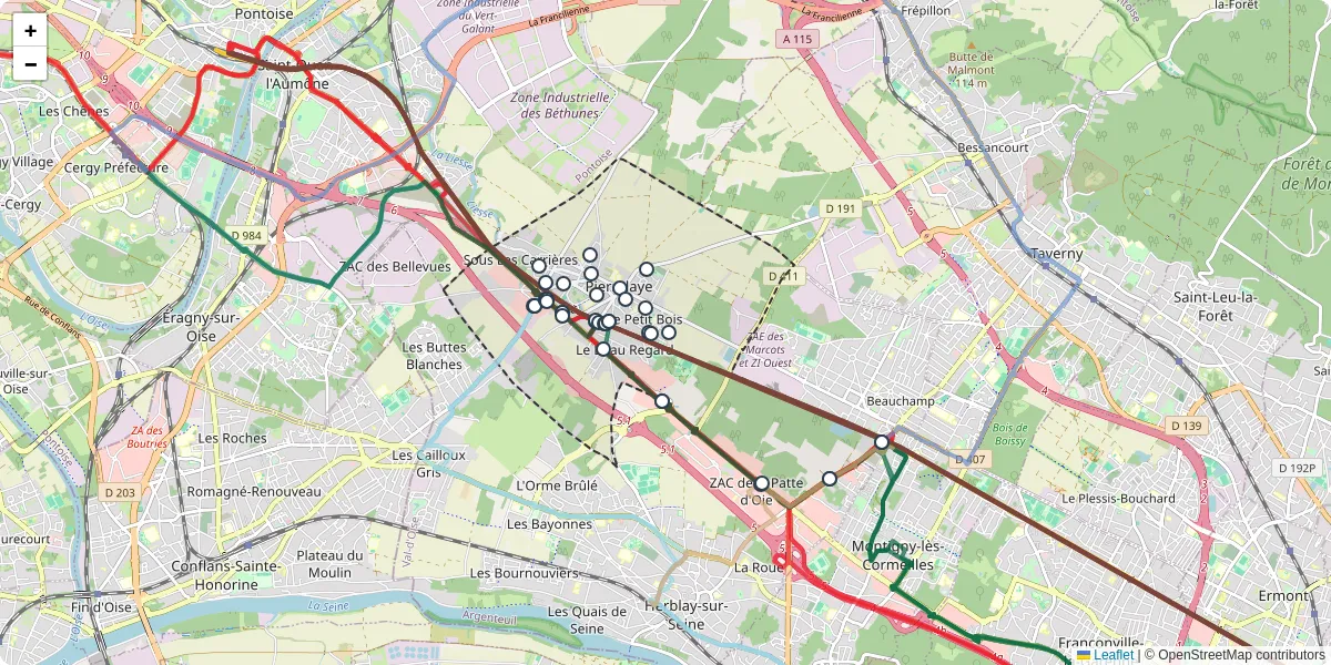 Carte du réseau de transport en commun à Pierrelaye - lignes de bus et arrêts