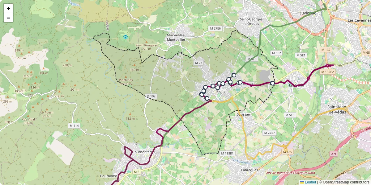 Carte du réseau de transport en commun à Pignan - lignes de bus et arrêts