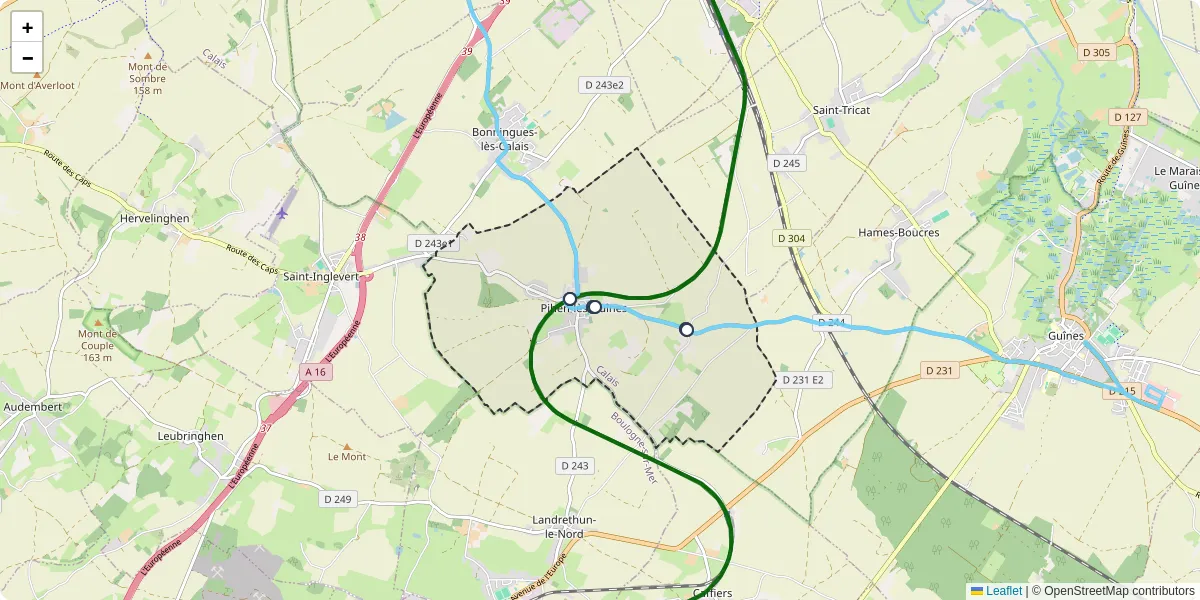 Carte du réseau de transport en commun à Pihen-lès-Guînes - lignes de bus et arrêts