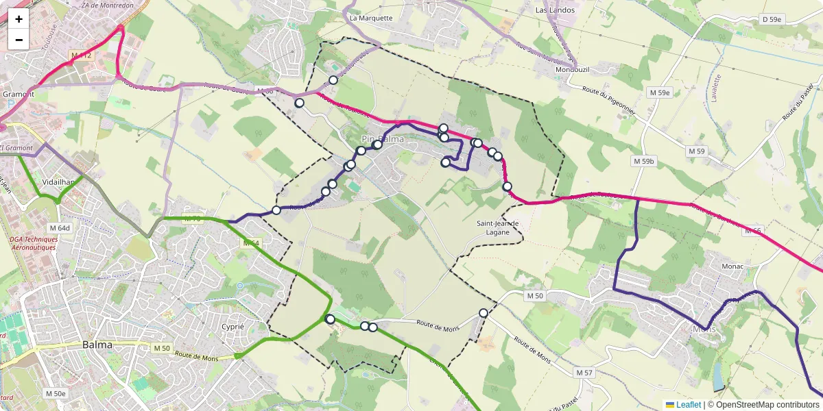 Carte du réseau de transport en commun à Pin-Balma - lignes de bus et arrêts