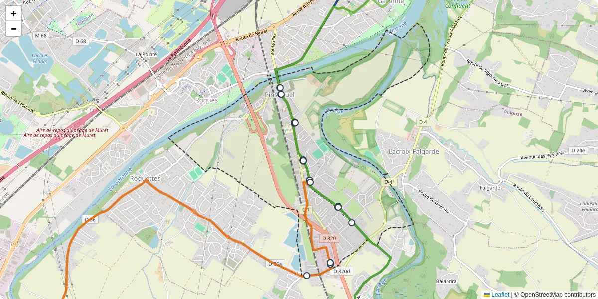 Carte du réseau de transport en commun à Pinsaguel - lignes de bus et arrêts