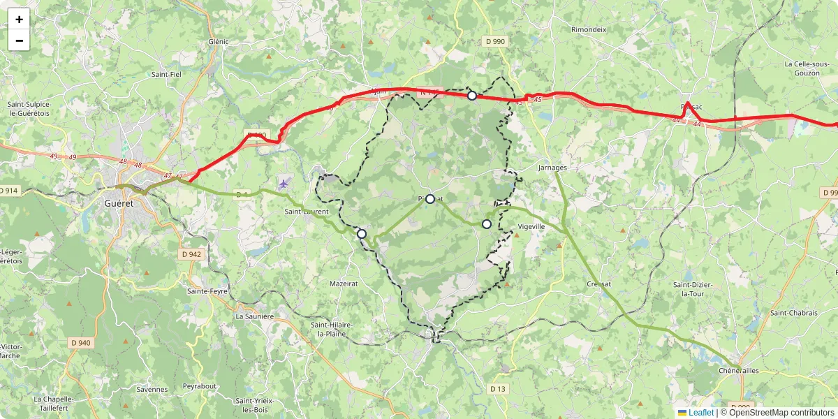 Carte du réseau de transport en commun à Pionnat - lignes de bus et arrêts